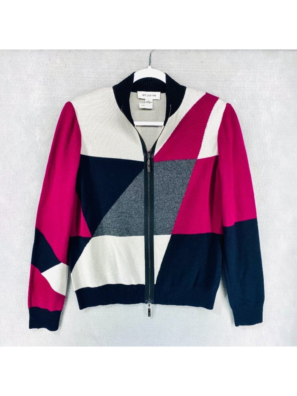 St John Wool Sweater Womens S Multicolor Santana Knit Full Zip Abstract Cardigan